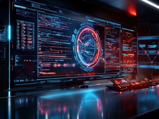 Fototapete - A futuristic control room with glowing blue and red screens displaying data.