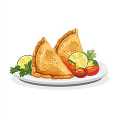 Canvas Print - Two golden empanadas on a plate with lime, tomatoes, and cilantro, ready to eat.