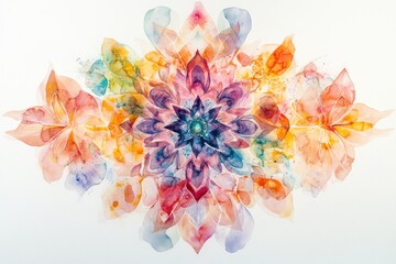 Wall Mural - A vibrant watercolor mandala design featuring a floral pattern in shades of pink, orange, blue, and green.