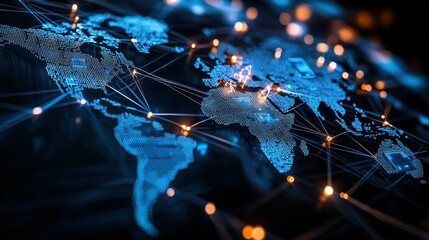 Fototapete - A digital illustration of the world map with glowing lines connecting different continents.