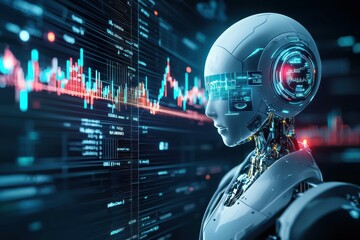 Fototapete - A white robot with glowing blue eyes looks at a digital screen filled with financial data.