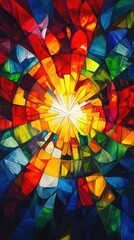Wall Mural - vibrant abstract design featuring colorful stained glass elements radiating from a central light sou