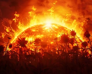 Poster - Fiery Solar Garden A Surreal Landscape of Radiant Flames Absorbing the Sun s Energy