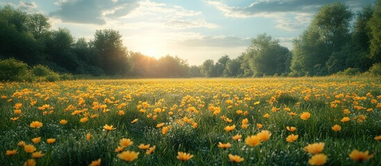 a field of yellow wildflowers at sunset with a forest in the bac