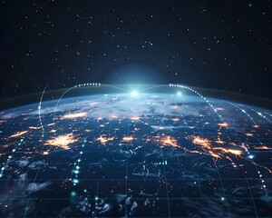 Poster - digital interconnectedness planet earth overlaid with glowing technology grid