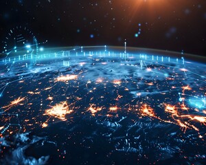 Canvas Print - interconnected digital grid overlaying planet earth at night