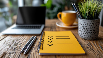 vibrant yellow notebook with to do list sits on wooden desk, accompanied by laptop, cup of coffee, and potted plant, creating inviting workspace atmosphere