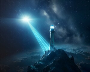 Wall Mural - majestic lighthouse of the cosmos planet earth shining a beam of light across the starry sky