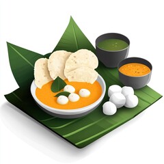 Sticker - A colorful platter of South Indian cuisine featuring rice dumplings and various chutneys.