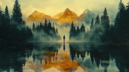 25. A forest merging with mountain reflections, where the layered imagery creates a surreal connection between the landscape and a person’s form in peaceful harmony 