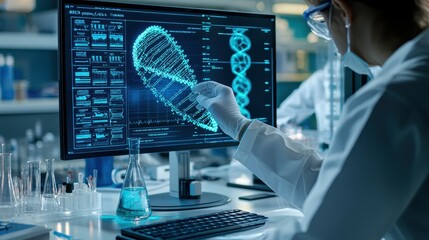 Poster - A scientist in a lab coat examines a DNA strand on a computer screen.
