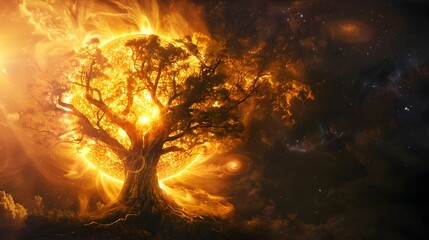 Poster - Cosmic Tree of Life Fiery Sun as Towering Cosmic Tree Illuminating the Universe