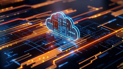 Fototapete - A glowing cloud icon on a circuit board.
