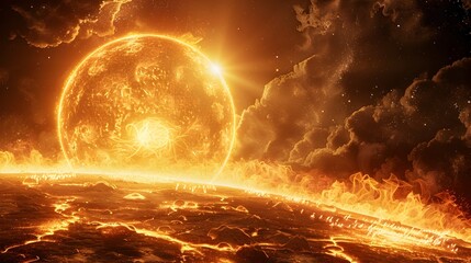 Wall Mural - fiery cosmic oasis surreal sun as glowing celestial haven for beings of light
