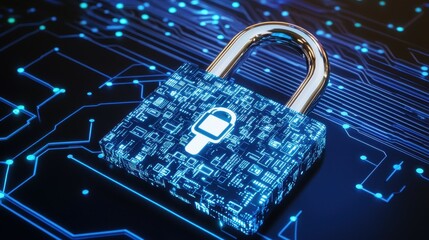 Poster - A padlock with a digital design sits on a circuit board, representing data security.