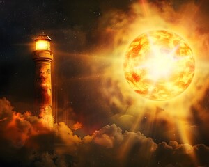 Wall Mural - radiant celestial lighthouse sun s brilliant beam guiding interstellar journeys