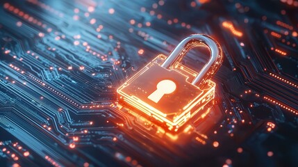 Poster - A glowing padlock sits atop a circuit board, symbolizing digital security.