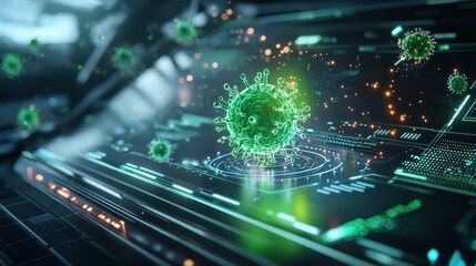 Fototapete - A green virus particle is shown floating above a futuristic digital interface.