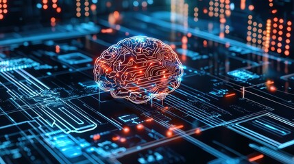 Aufkleber - A glowing brain icon on a digital circuit board.
