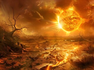 Poster - Vibrant Celestial Ecosystem Thriving on Fiery Sun s Surface with Creatures of Light and Fire