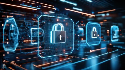 Fototapete - A glowing blue padlock icon on a digital background.
