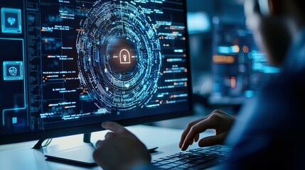 Fototapete - A person working on a computer, focusing on a digital security interface with a lock icon.