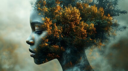 4. A creative overlay of tree textures and a human face, blurring the boundaries between forest and person, symbolizing the delicate balance of nature's influence on identity 