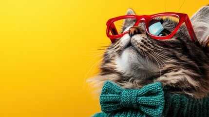 A stylish cat dressed in a teal sweater and bold red glasses, posing against a bright yellow background, exuding charm and feline elegance effortlessly.