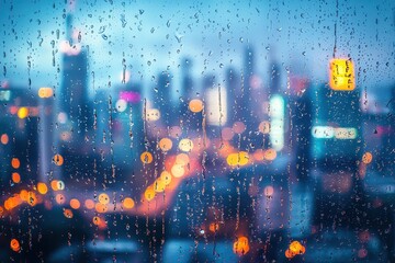 Rainy cityscape with blurred lights and raindrops on glass