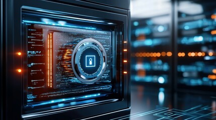 Poster - A close-up of a server with a glowing lock icon on the screen, signifying data security and protection.