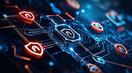 Fototapete - Cybersecurity concept with glowing shields and circuit board.