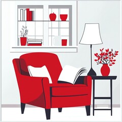 Sticker - Cozy red armchair with a book, lamp, and decorative elements in a bright room.