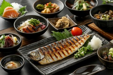 Wall Mural - Japanese food : Grilled horse mackerel set meal - generative ai