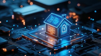Poster - A glowing digital house with a padlock icon sits on a circuit board, representing digital security.