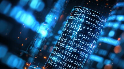 Fototapete - A close-up shot of a glowing blue data cylinder.