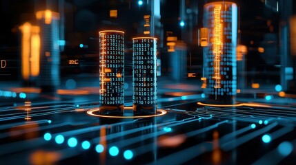 Fototapete - Two glowing data servers in a futuristic cityscape.