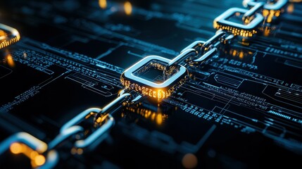 Fototapete - A close-up of a metallic chain on a digital circuit board.