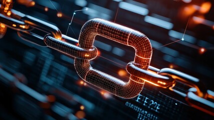 Poster - A close-up of a chain link with glowing red wireframe, representing digital security.