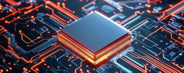 Poster - A close-up of a computer chip, showing the intricate circuitry and glowing orange lights.