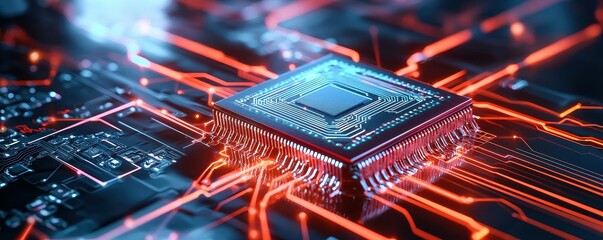 Fototapete - Close-up of a computer chip on a circuit board with glowing red lines.