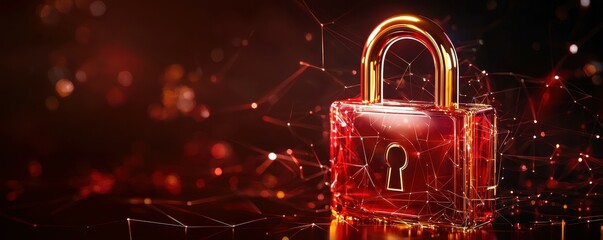 Fototapete - A red and gold padlock sits on a network of red lines.
