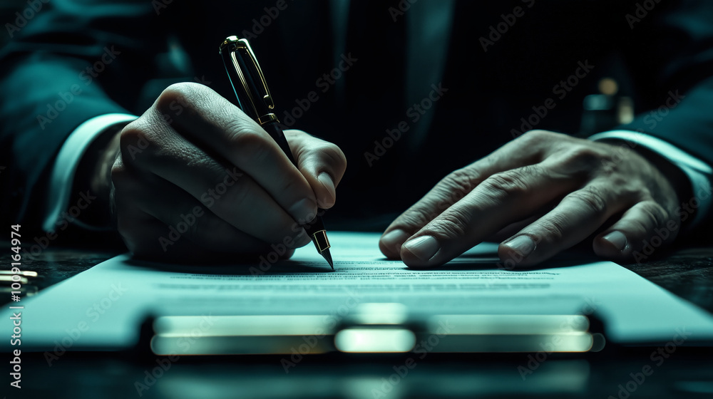 Closeup of a man signing an important document. A man in a suit is ...
