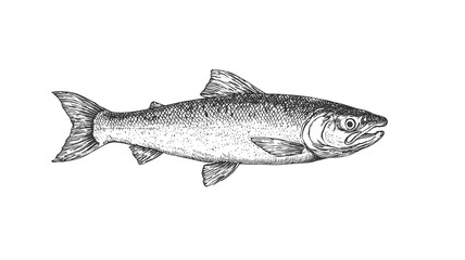 Wall Mural - Fish sketch salmon trout. Vintage retro print, black white salmon trout fish sketch ink pencil style drawing, linear drawing, engrave old school. Sketch artwork salmon trout fish. Illustration