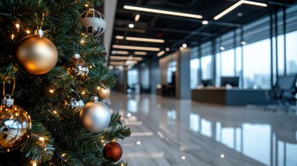 A beautifully decorated Christmas tree with golden and silver ornaments stands in a modern office setting, providing a festive atmosphere amidst the corporate environment.