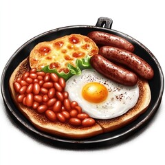 Canvas Print - A hearty breakfast plate featuring eggs, sausages, beans, toast, and cheese.