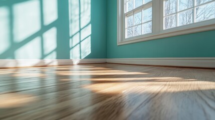 Poster - An empty room is softly lit by sunlight, casting gentle shadows through the window across the polished wooden floor, evoking a sense of peace and solitude.