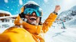 © Larisa AI - A delighted man in a bright orange jacket and ski goggles celebrates in the snowy outdoors, basking in the joy of skiing and winter sports on a vibrant sunny day.
