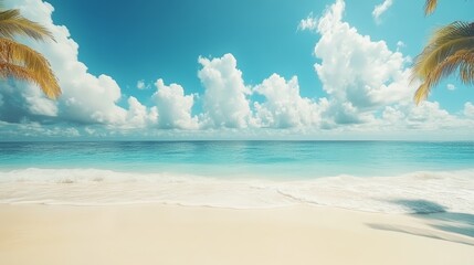 Wall Mural - Tropical Beach Scene with Palm Trees and Blue Sky