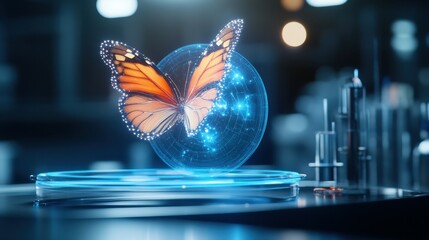 Fototapete - A glowing butterfly hovers inside a futuristic display.