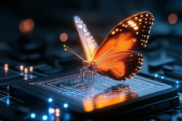 Poster - A glowing butterfly perched on a computer chip, a concept of technology and nature.